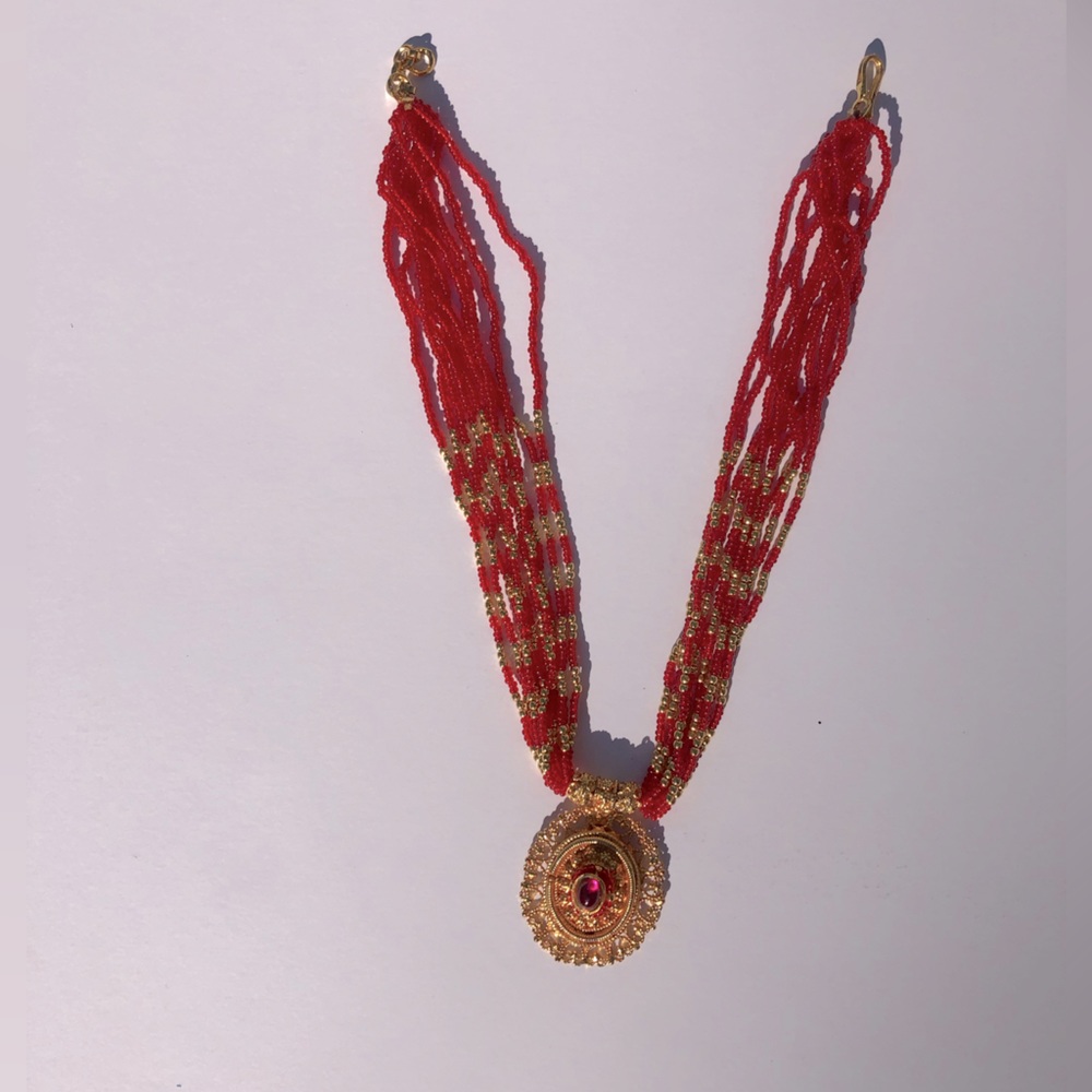 Red and Gold Beaded Fashion Necklace with Gold Pendant-NEVER WORN